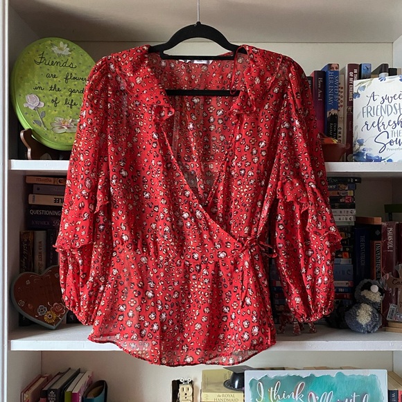 Zara | Red Leopard Print Sheer Wrap Top - Picture 2 of 11